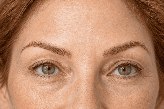 Naturally lifted brows calm direct gaze